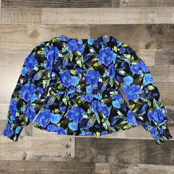 Blu Pepper Women's Peasant Blouse Deep V Vibrant Floral Top Blue Green - Picture 11 of 12